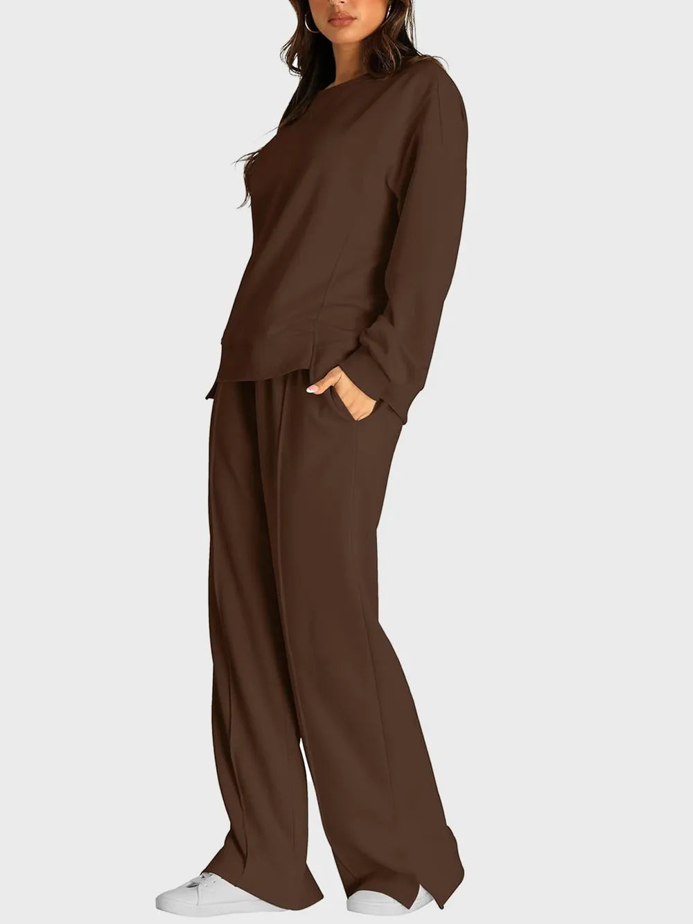 Round Neck Long Sleeve Top Slit Pants Set (11)