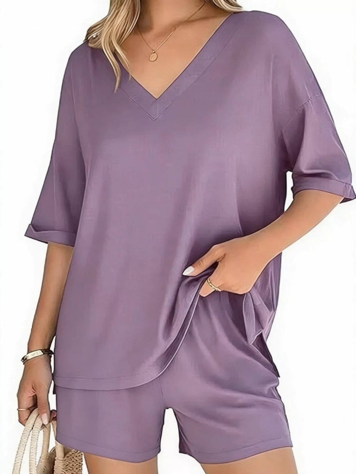 Solid Color V-neck Shorts Set (16)