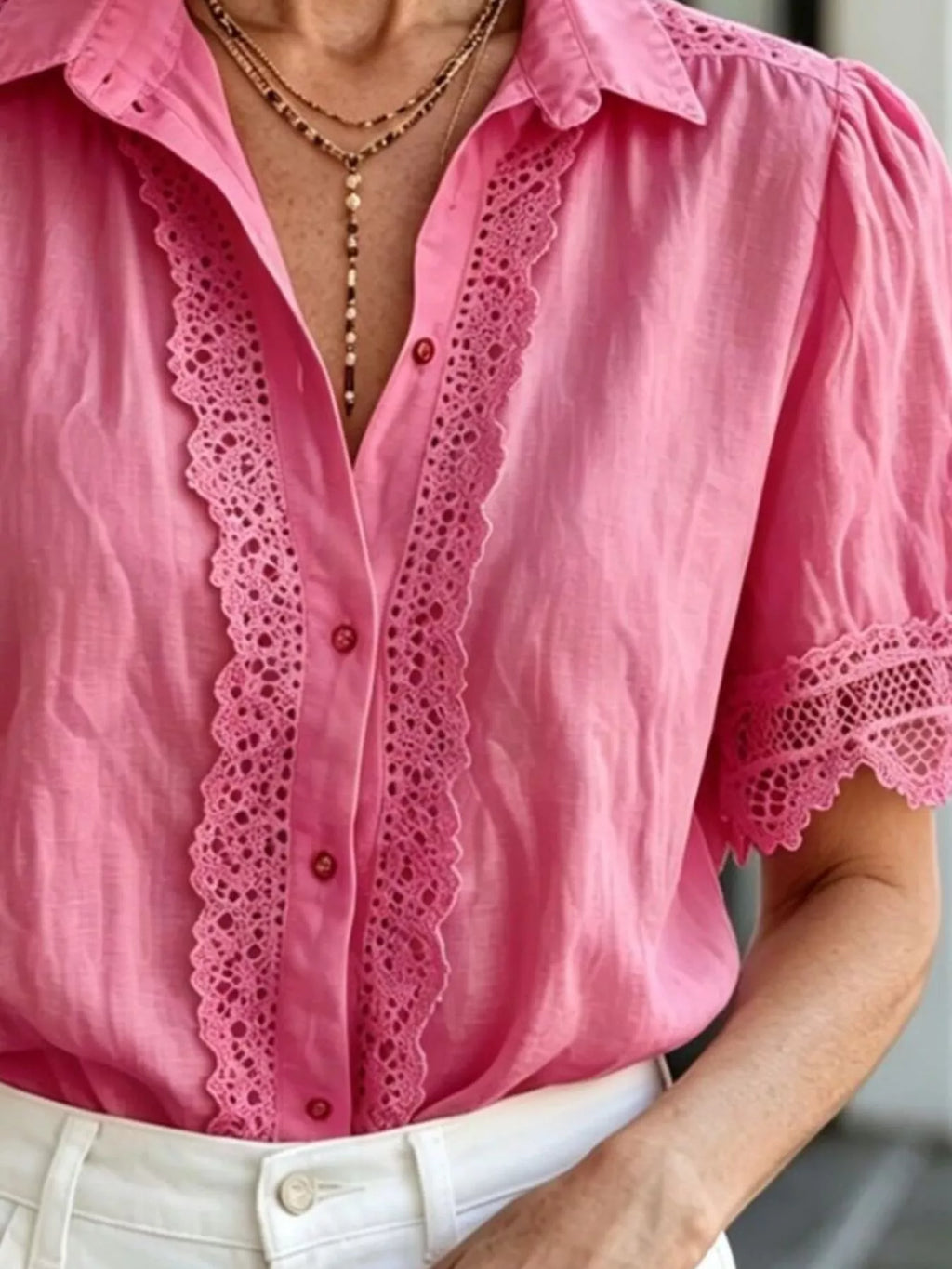 Lace-trimmed Short Sleeve Button-down Shirt (6)