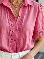 Lace-trimmed Short Sleeve Button-down Shirt (6)