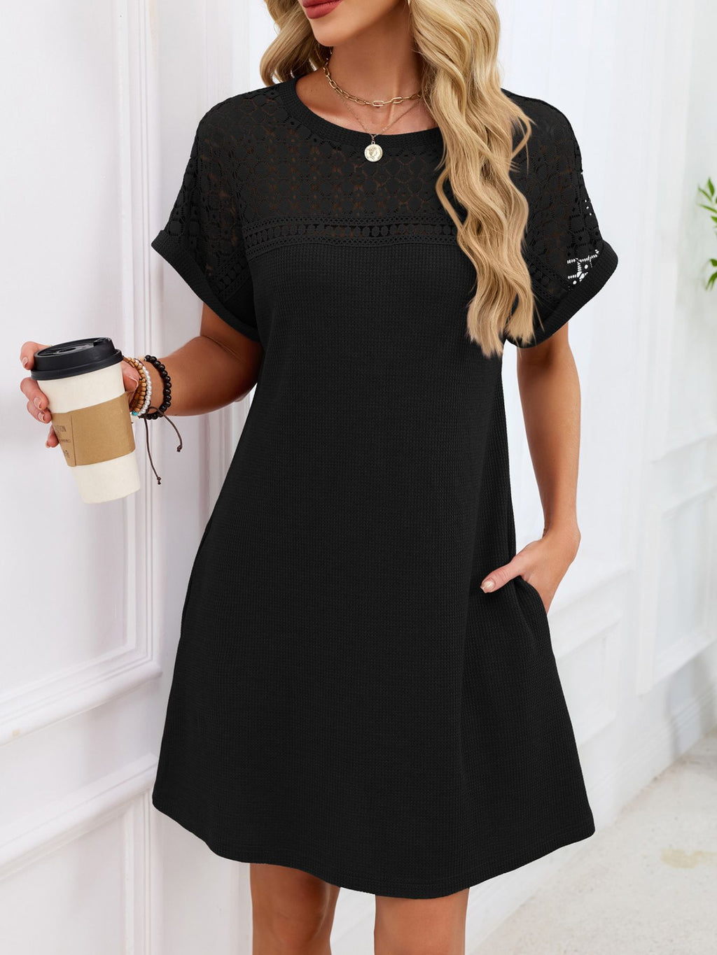 Lace Round Neck Short Sleeve T-shirt Dress (23)