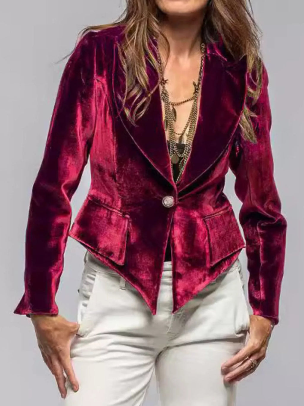 Velvet Lapel Collar One Button Blazer (8)