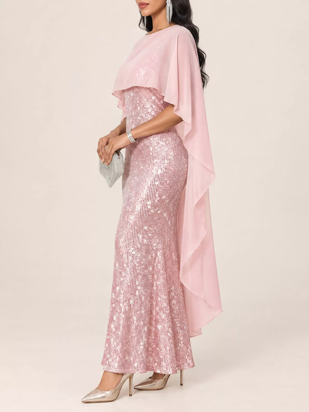 Sequin Cape Overlay Evening Dress (5)