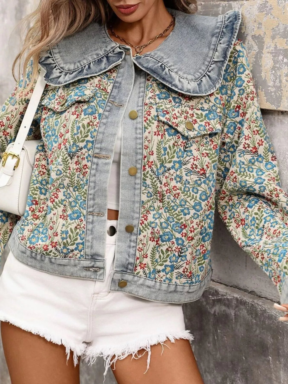 Floral Ruffle Collar Denim Jacket (2)