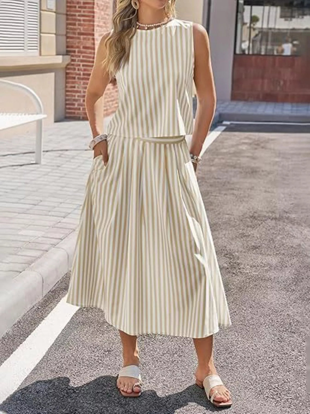 Striped Sleeveless Top Midi Skirt Two-piece Set (7)