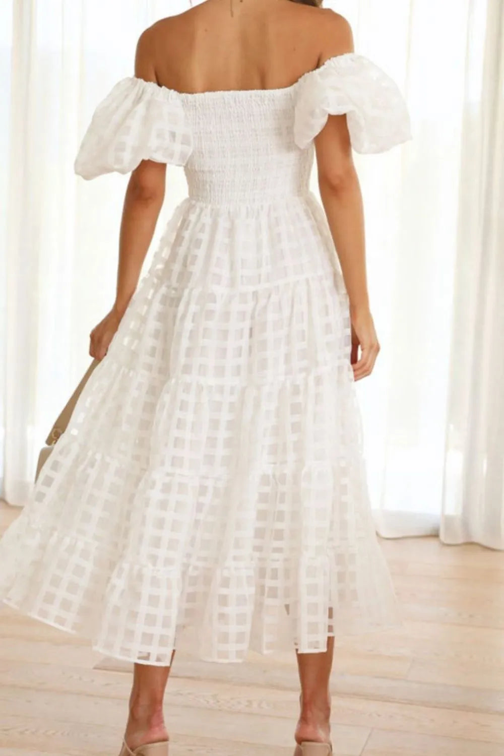 Off Shoulder Short Puff Sleeve Midi Dress (14)