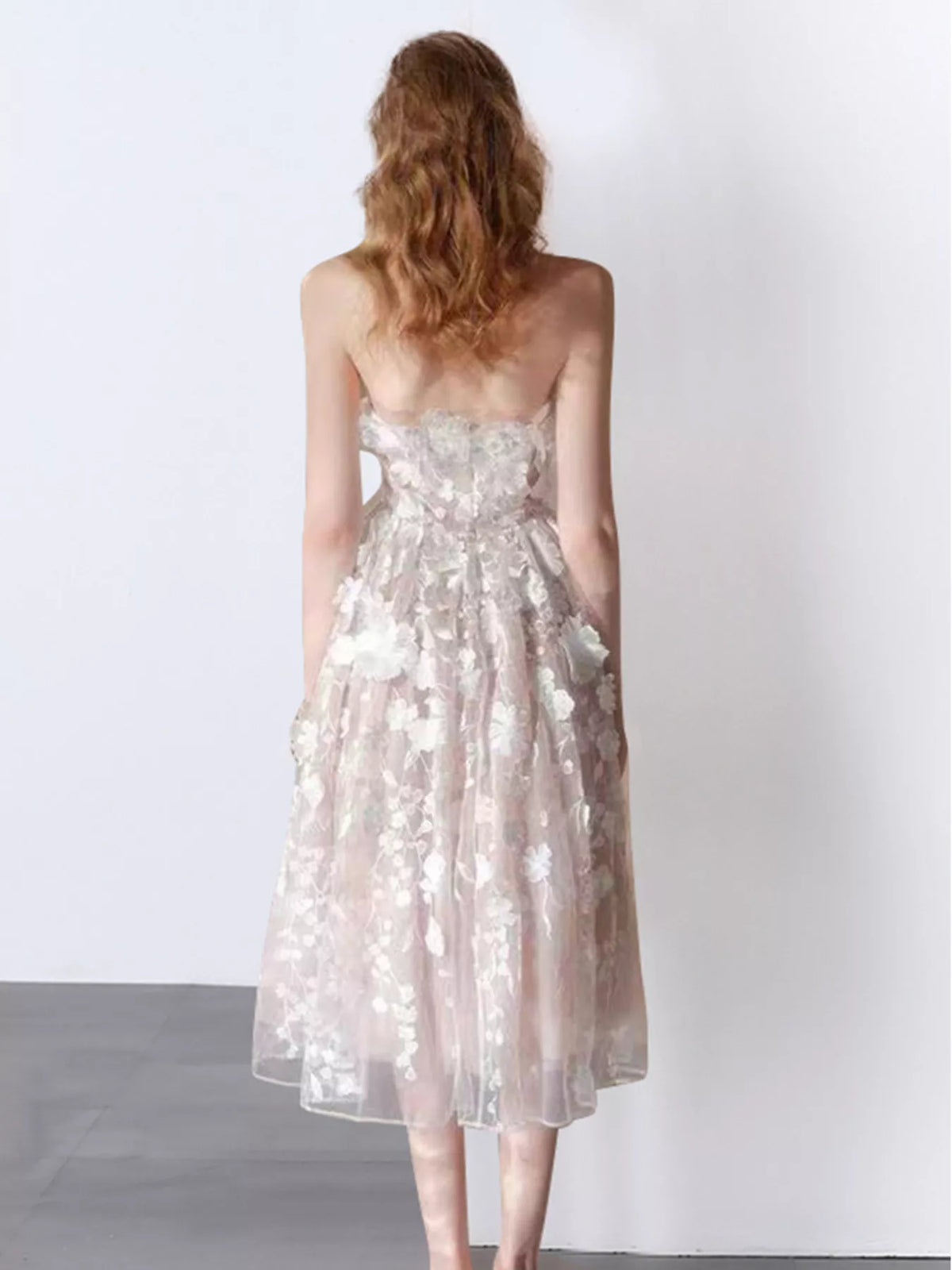 Strapless Floral Applique Midi Dress (5)