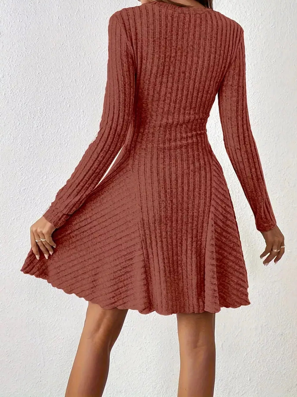 V-neck Ribbed Knit A-line Dress (19)