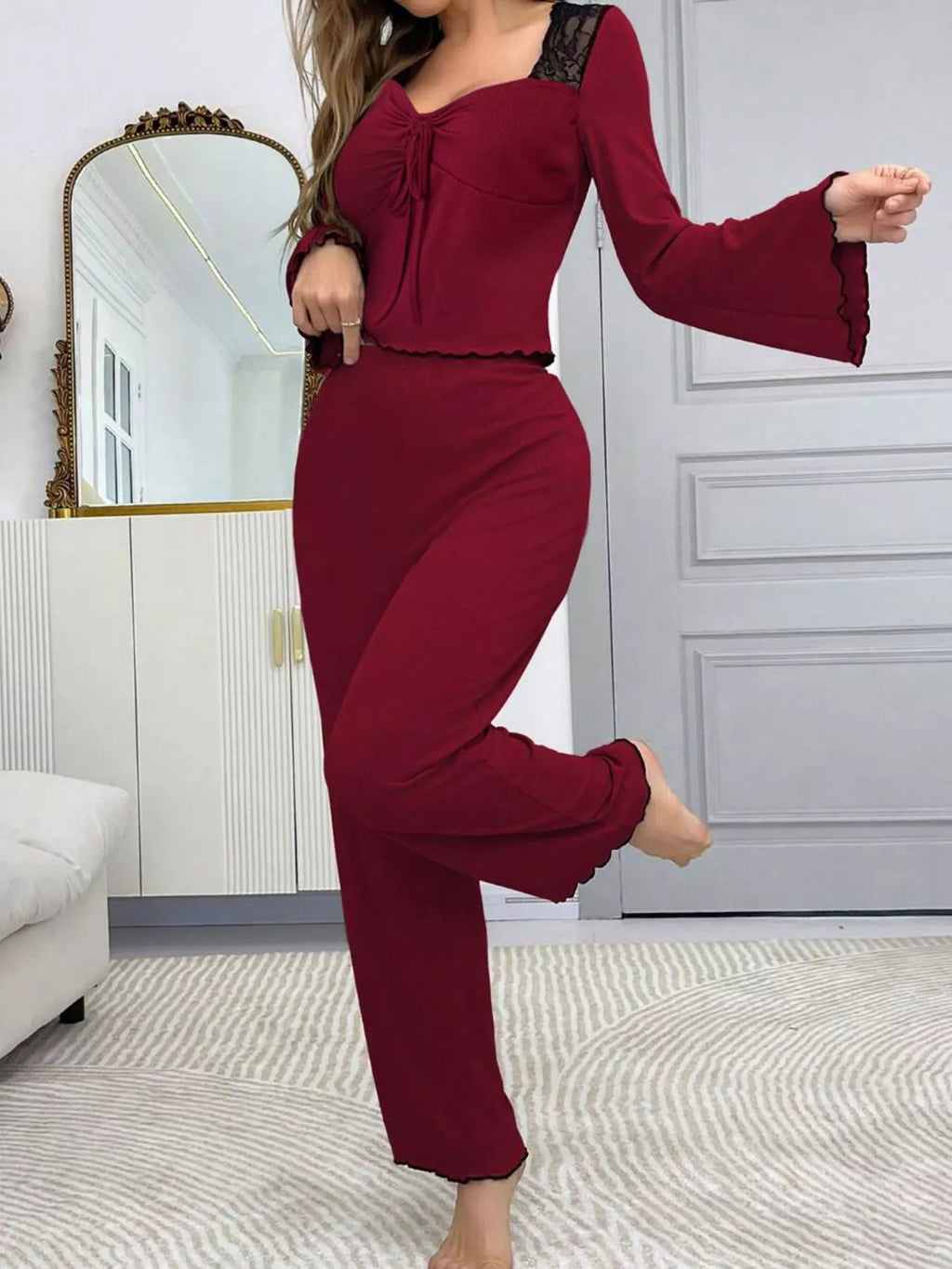 Lace Detail Flare Sleeves Top Pants Lounge Set (14)
