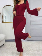 Lace Detail Flare Sleeves Top Pants Lounge Set (14)