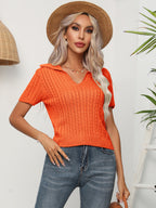 Cable-knit Johnny Collar Short Sleeve Knit Top (8)