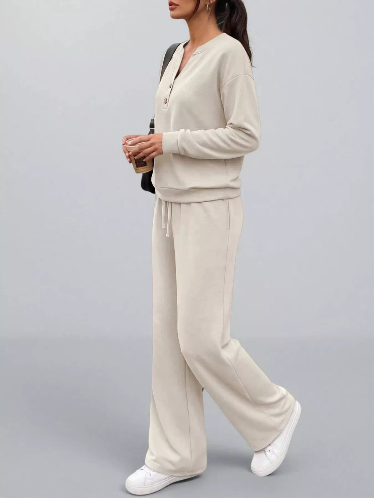 Button Detail Dropped Shoulder Top Pants Set (3)