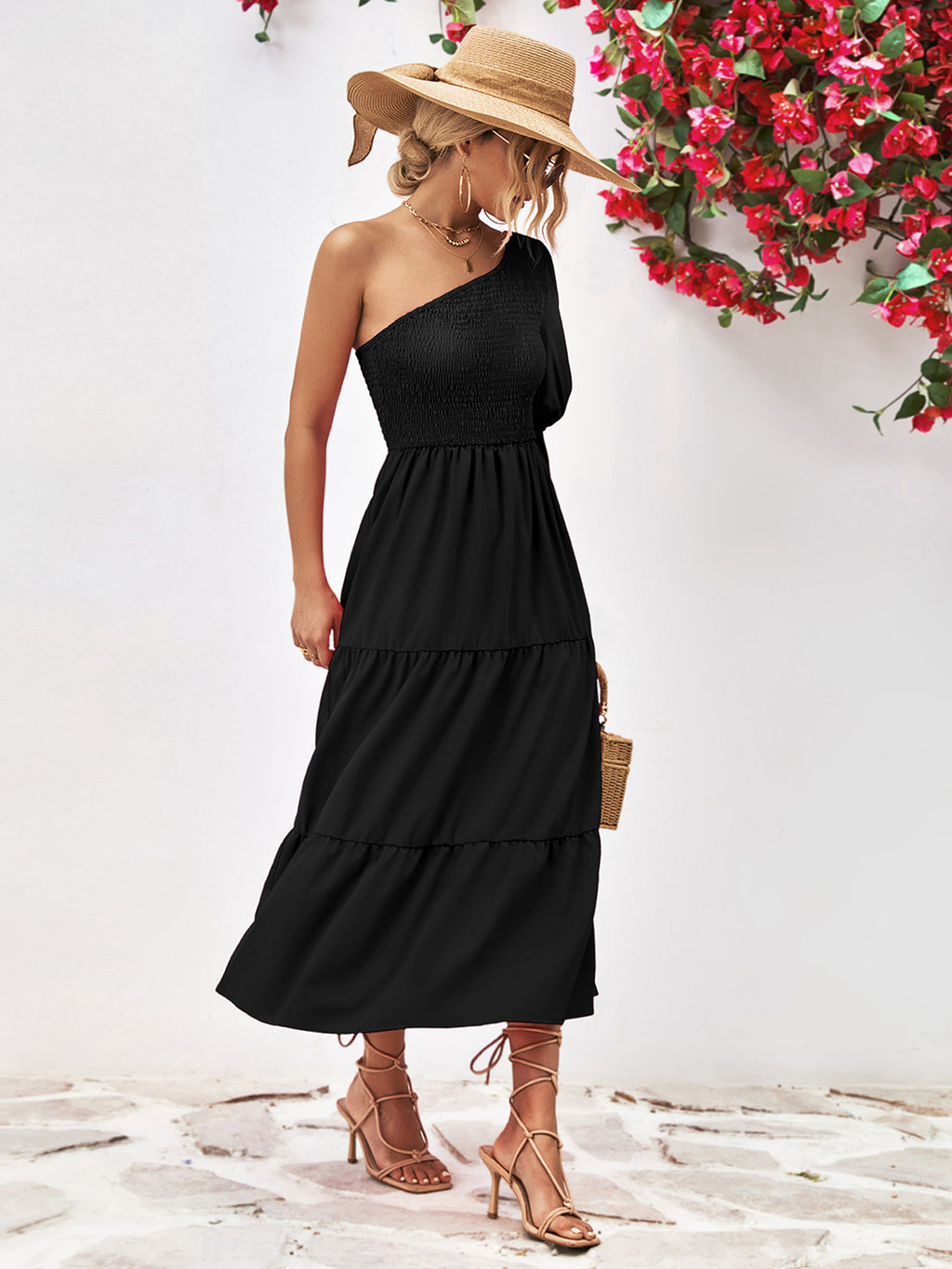 Smocked One-shoulder Midi Dress (9)