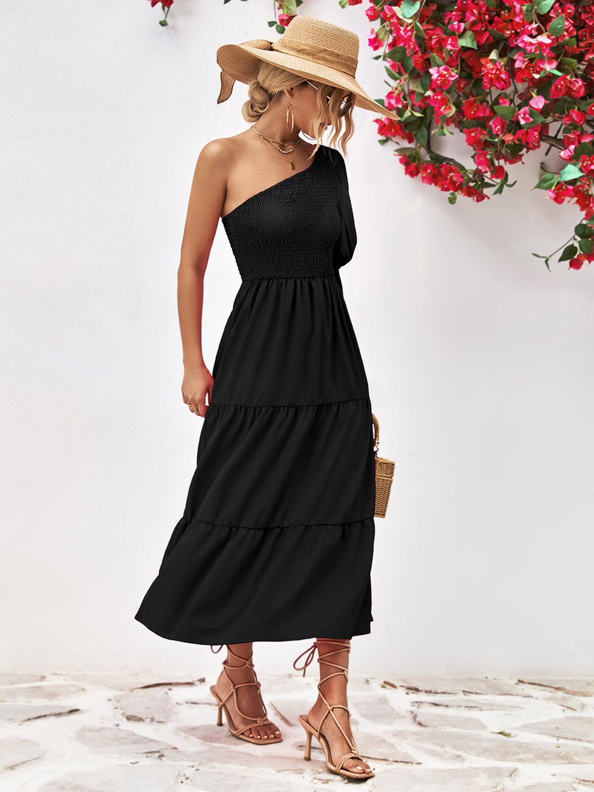 Smocked One-shoulder Midi Dress (9)