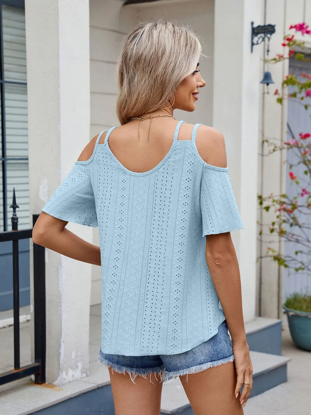 Round Neck Cold Shoulder Eyelet T-shirt (20)