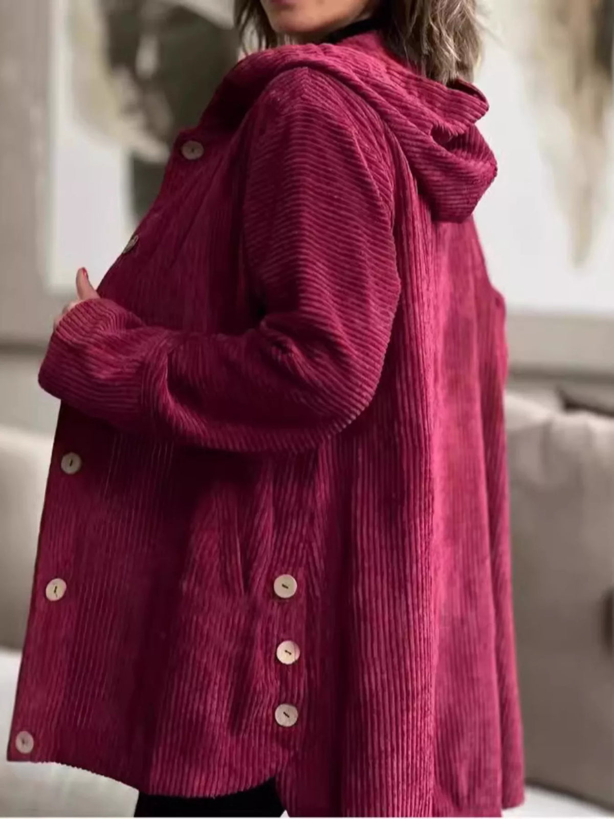 Full Size Corduroy Button Up Hooded Jacket Plus (12)