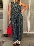 Plaid Round Neck Sleeveless Top Pants Set (16)