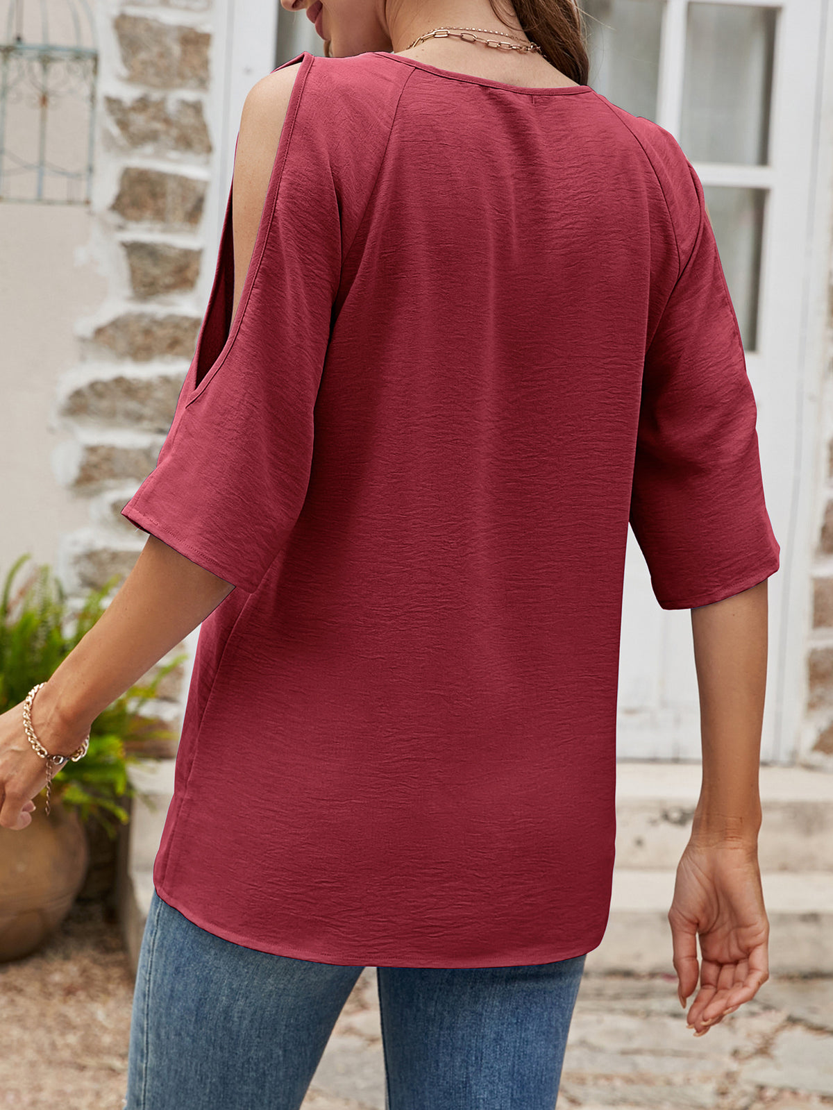 Textured Round Neck Split Sleeve Top (8)