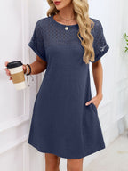 Lace Round Neck Short Sleeve T-shirt Dress (31)