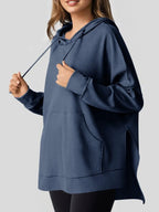 Slit Drawstring Waffle Knit Hoodie (17)