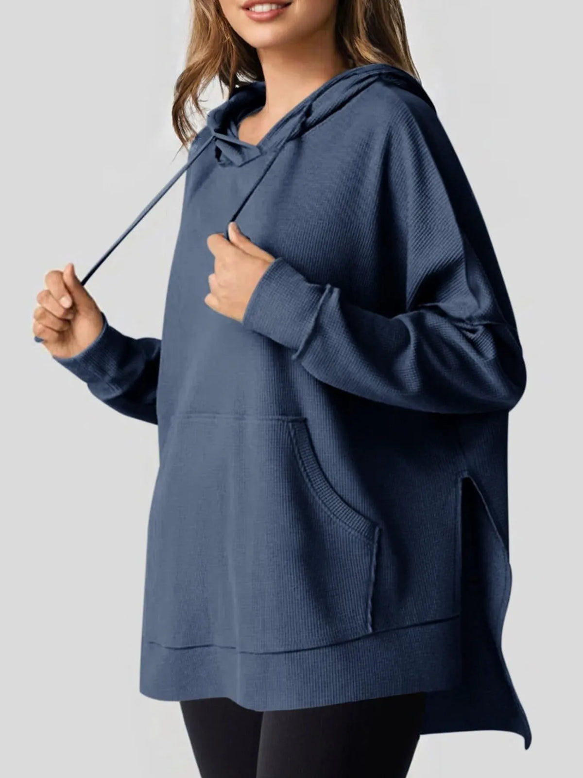 Slit Drawstring Waffle Knit Hoodie (17)