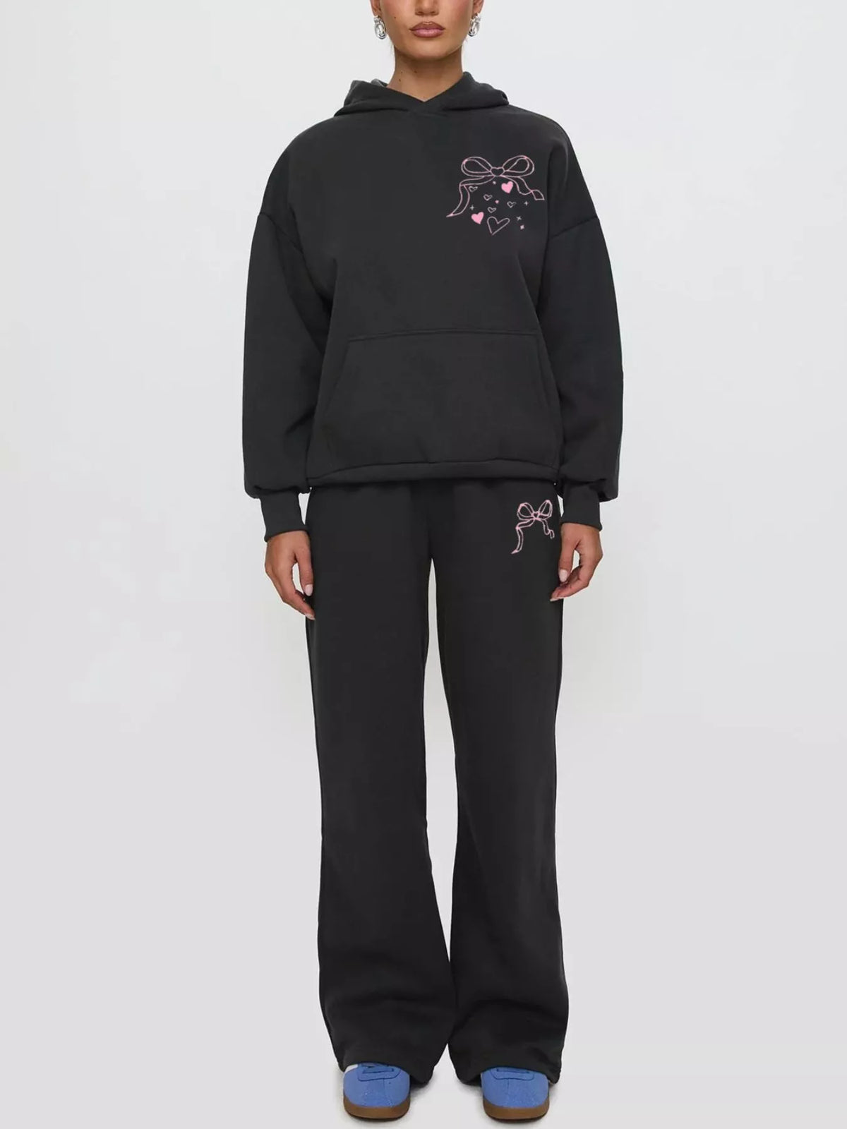 Bow Heart Dropped Shoulder Hoodie Pants Set