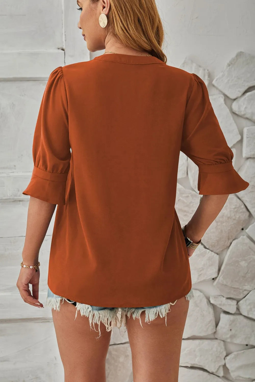 Notched Half Sleeve Blouse (2)