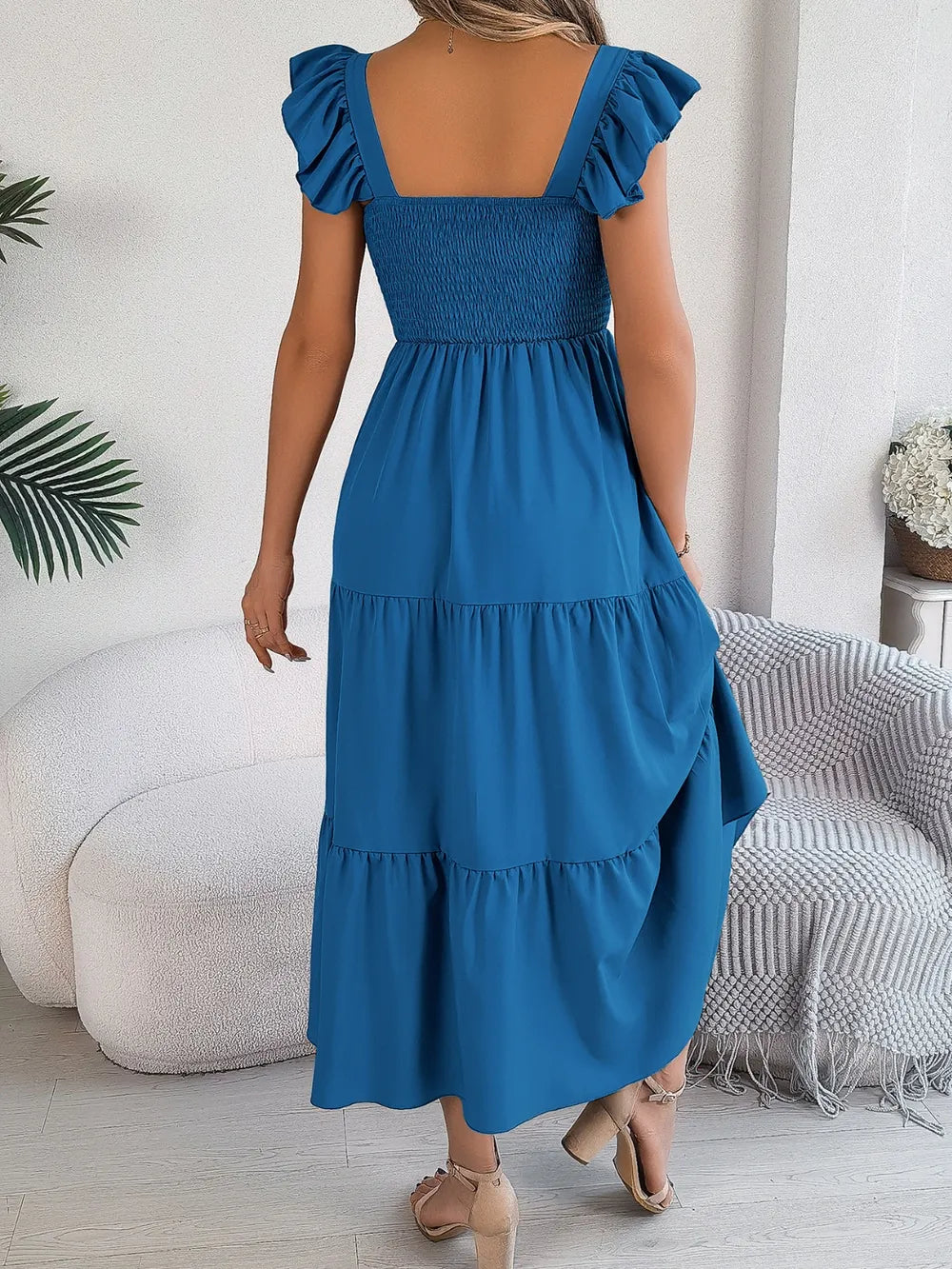 Smocked Square Neck Cap Sleeve Midi Dress (2)