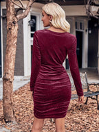 Velvet Cowl Neck Ruched Bodycon Dress (2)