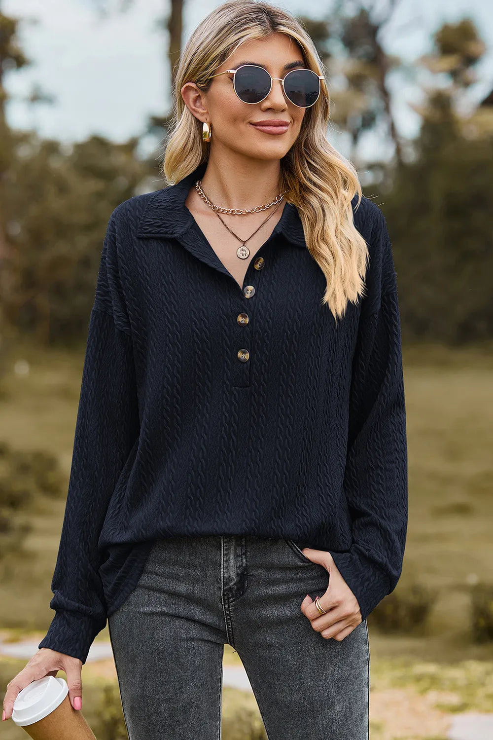 Half Button Dropped Shoulder Blouse (23)