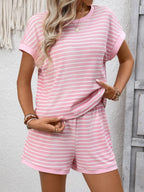 Striped Casual Round Neck Top Shorts Set