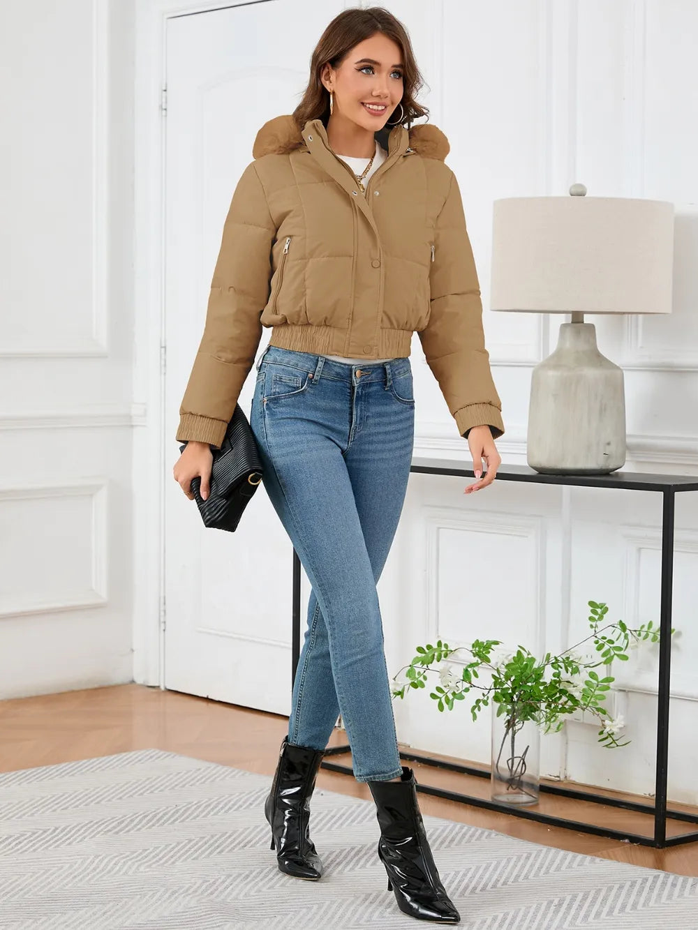 Pocketed Long Sleeve Cropped Hooded Winter Coat (6)