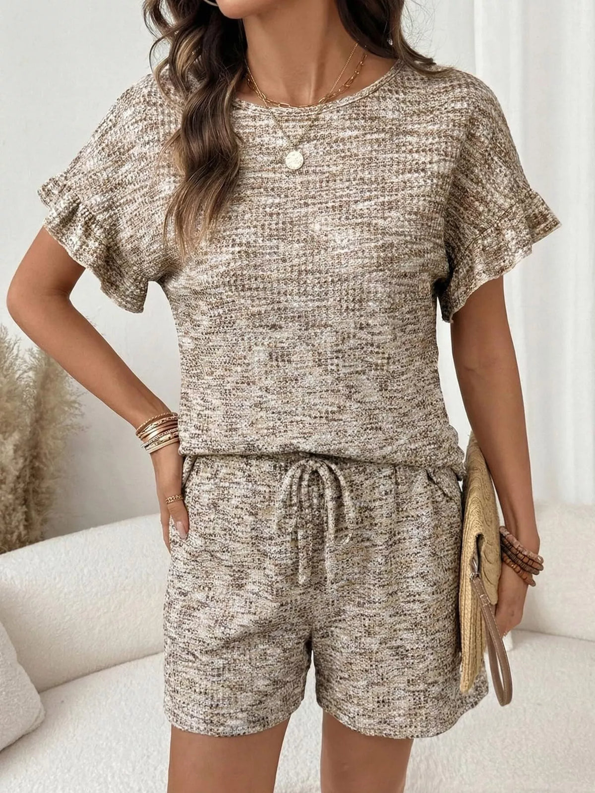 Ruffle Sleeve Textured Top Shorts Set (10)