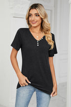 Decorative Button V-neck T-shirt (11)