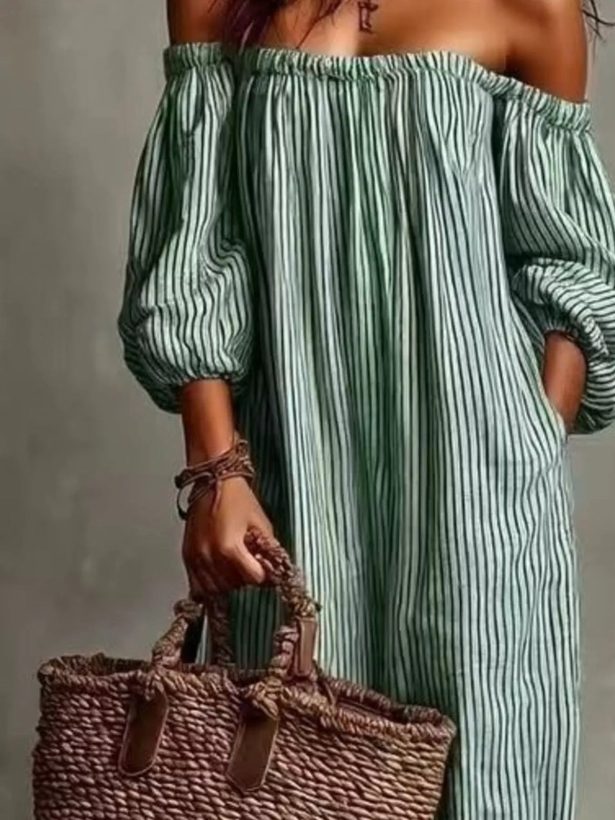 Full Size Off-shoulder Striped Maxi Dress Puff Sleeves Plus (15)