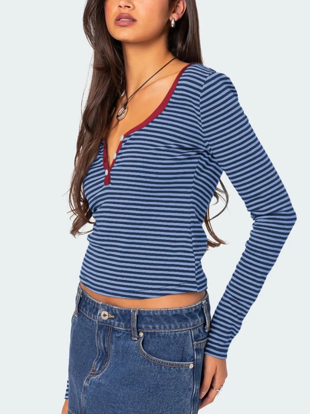 Buttoned Striped Long Sleeve T-shirt (26)