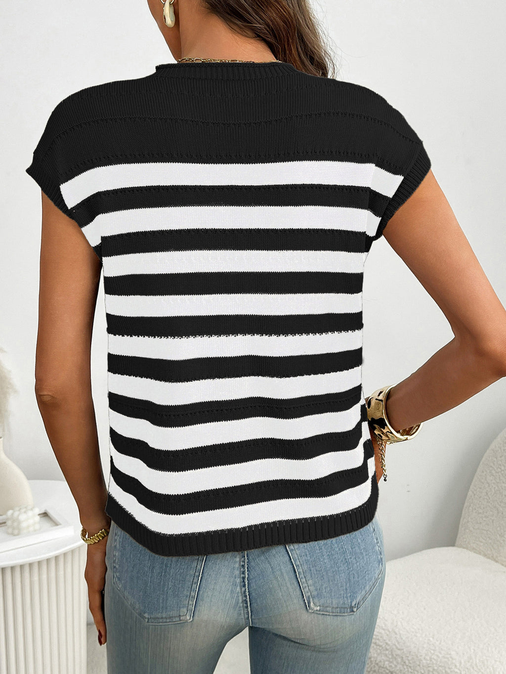 Striped Knit Pocket Detail Cap Sleeve Sweater (11)