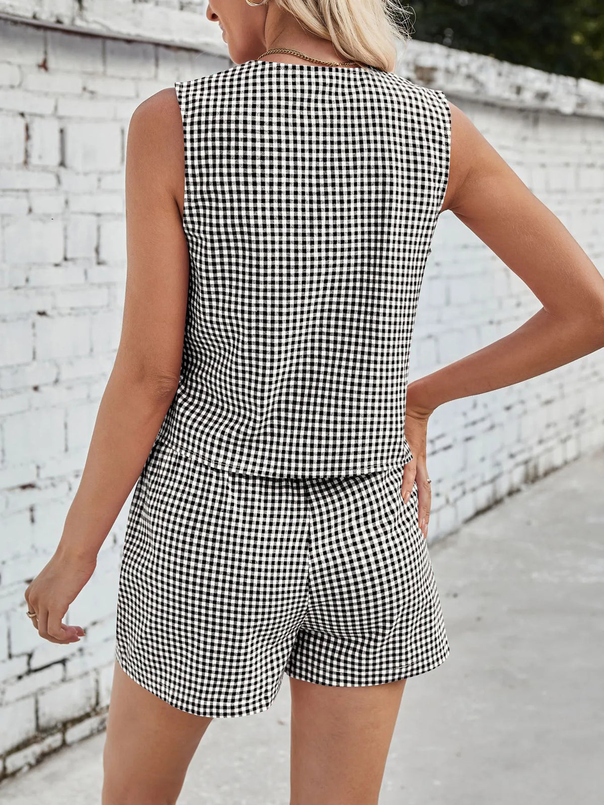 Gingham Print Tie Front Top Shorts Set (2)