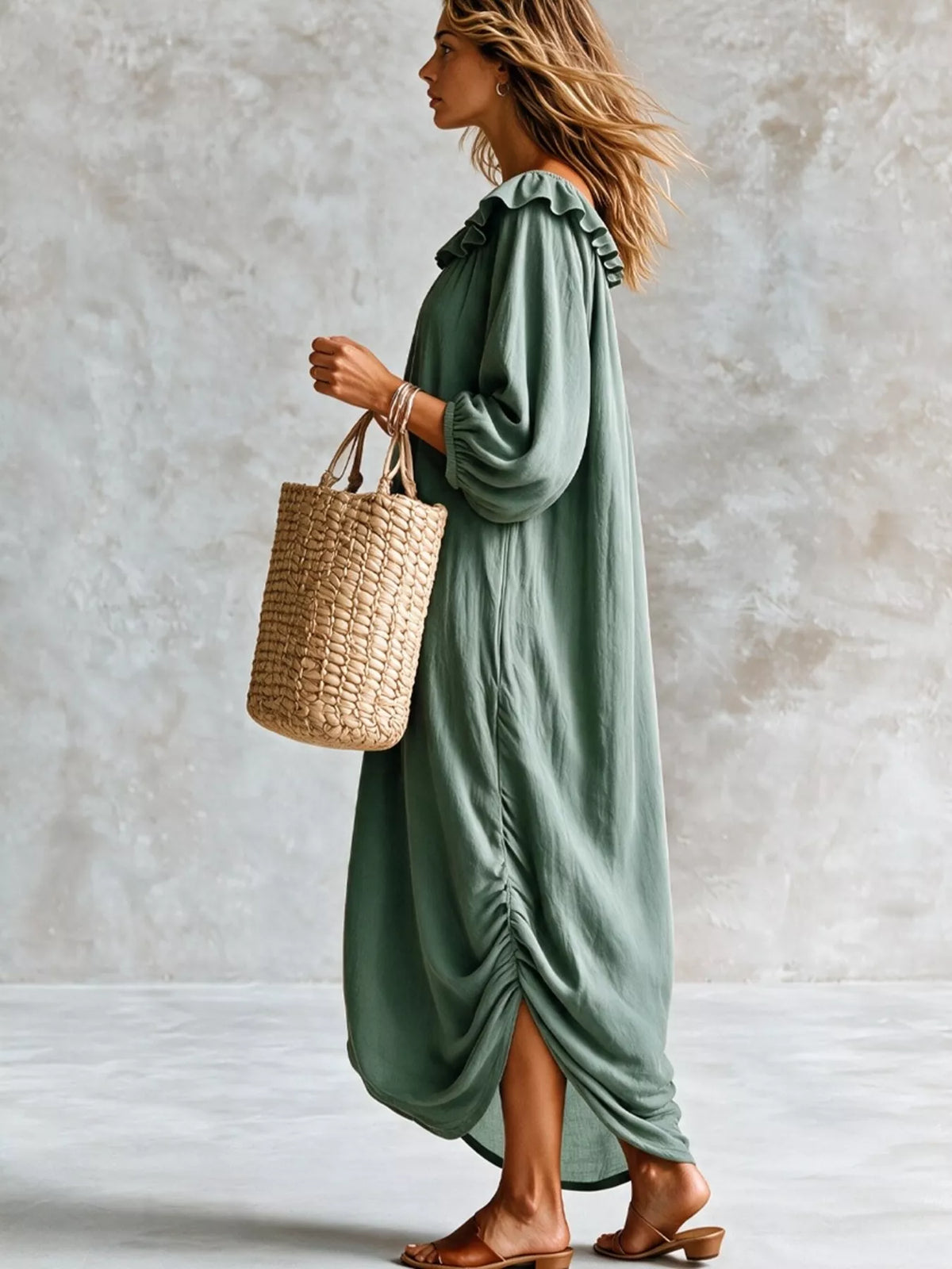 Ruffled Boat Neck Ruched Midi Dress (9)