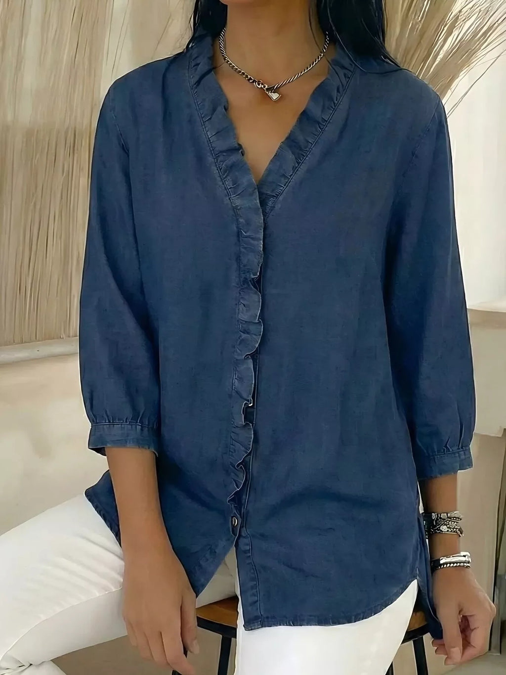 Full Size V-neck Ruffled Button Down Shirt Plus (4)