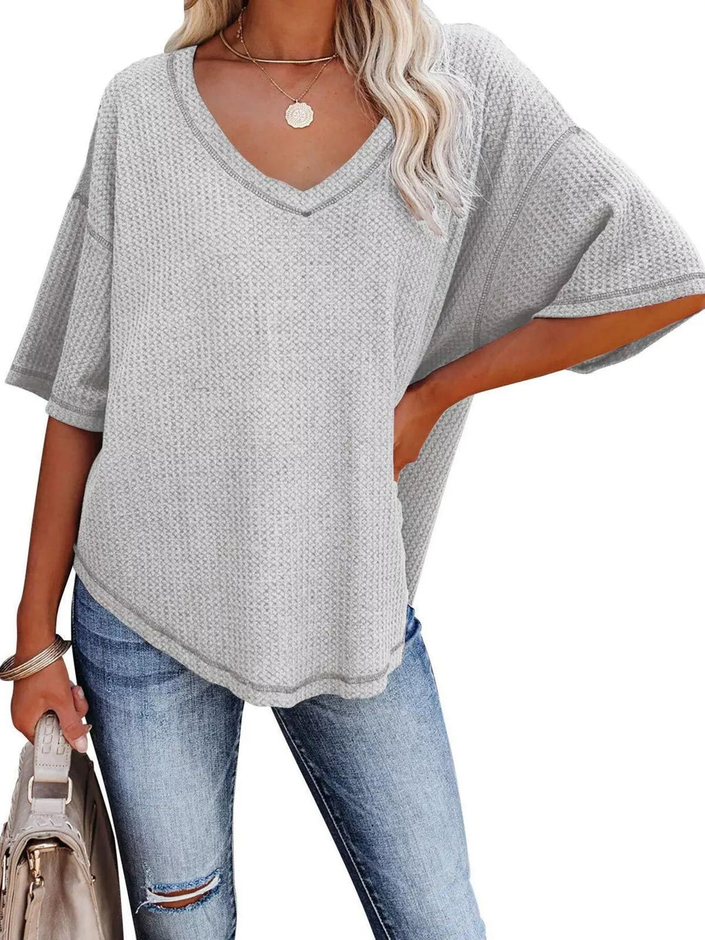 Waffle Knit V-neck Short Sleeve T-shirt (8)