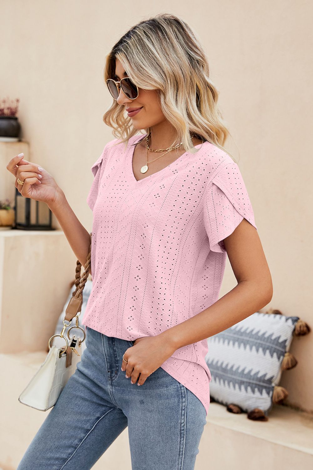 Eyelet Petal Sleeve V-neck Knit Top (3)