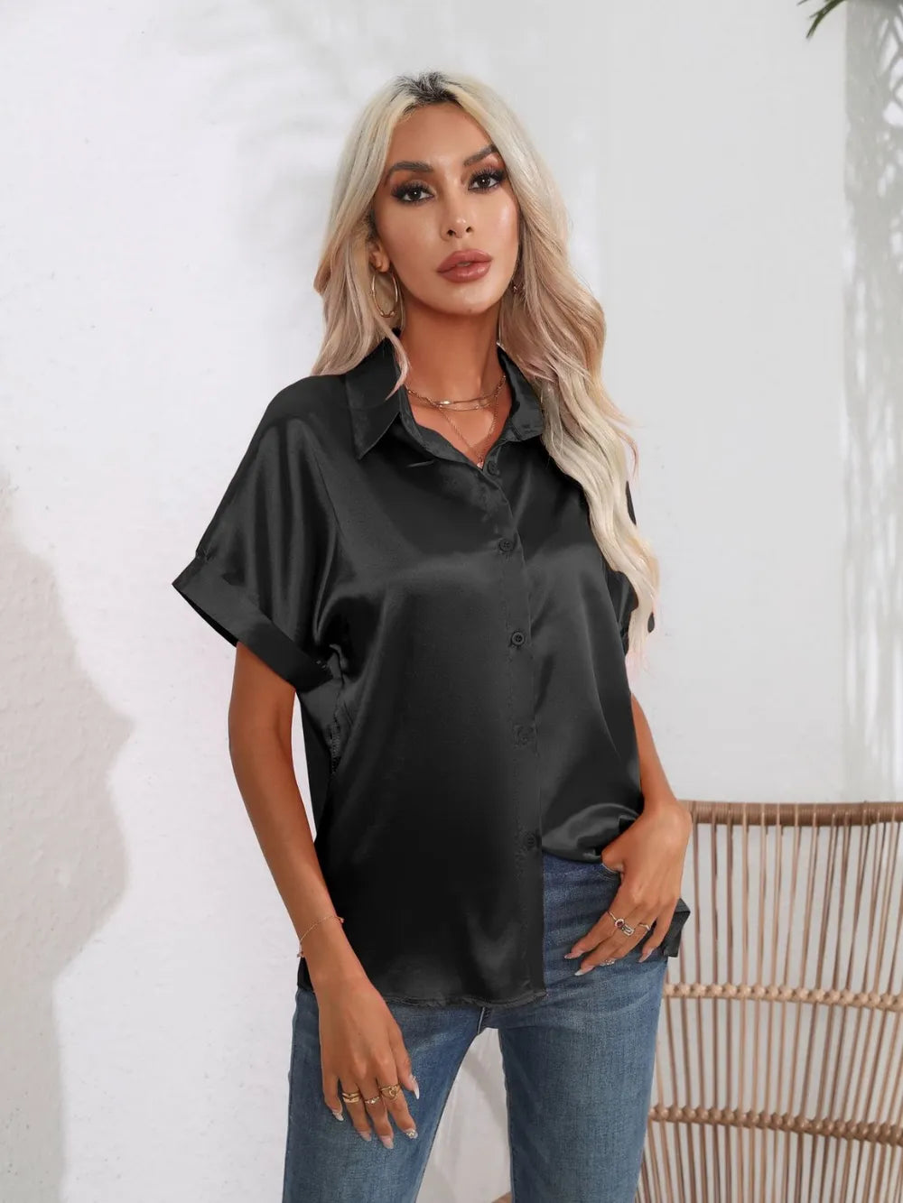 Button Down Collared Neck Short Sleeve Satin Shirt (17)