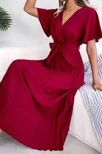 Pleated Flutter Sleeve Belted Dress (6)