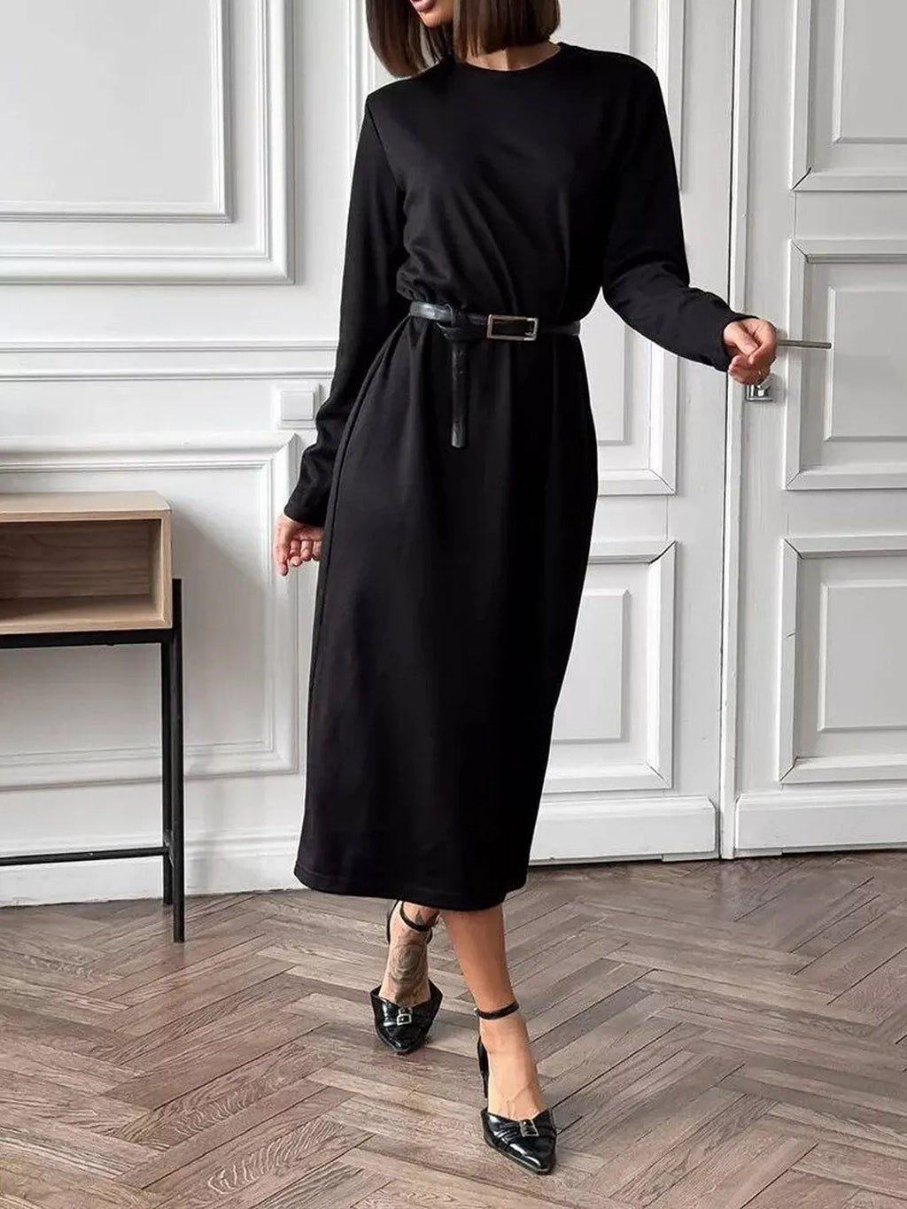 Round Neck Long-sleeve Midi Dress (19)