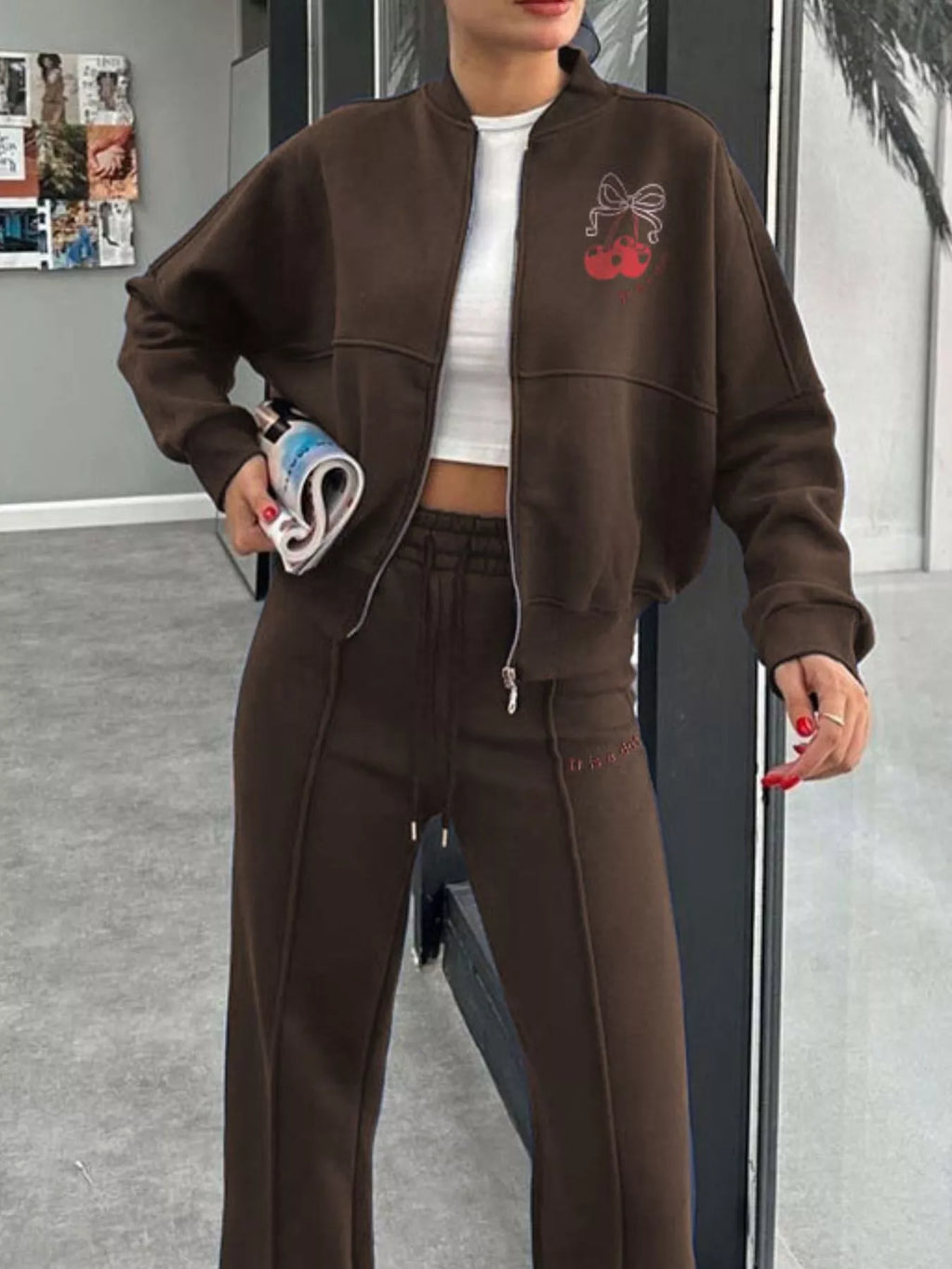 Zip Up Dropped Shoulder Outerwear Pants Set (20)