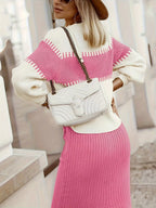 Two-tone Ribbed Knit Top Skirt Sweater Set (8)
