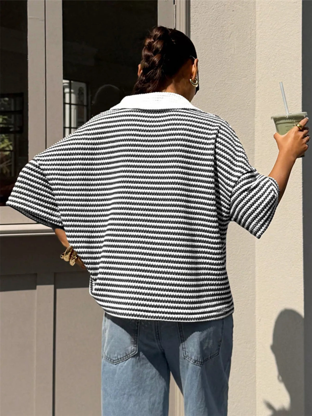 Striped Knit 3/4 Sleeve Polo Top (8)