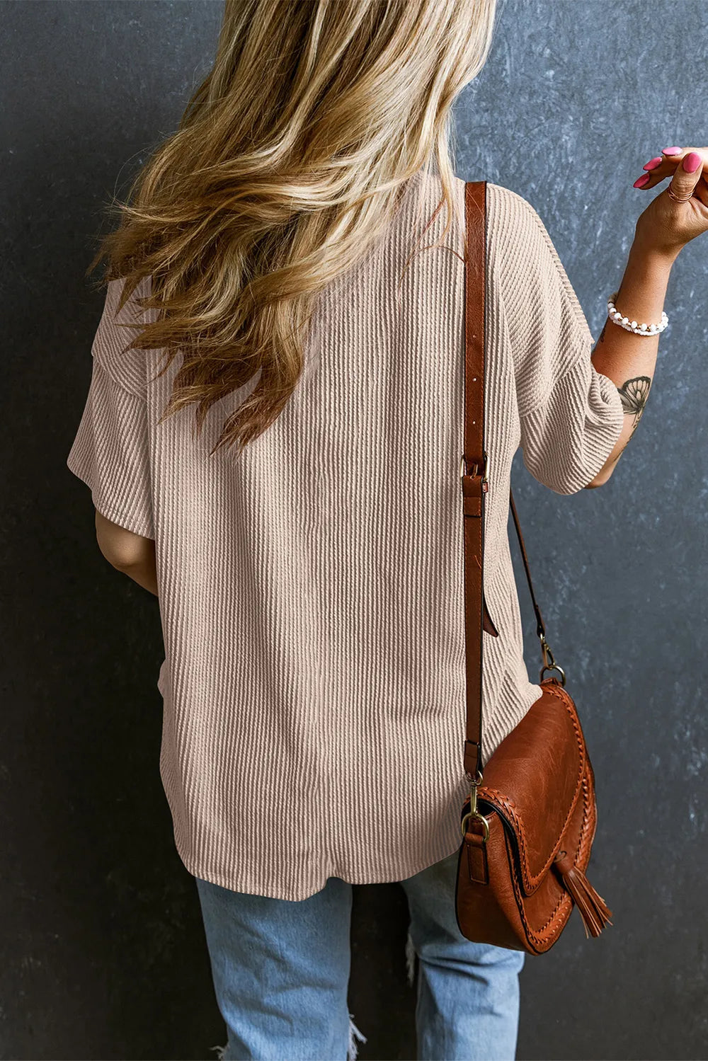 Textured V-neck Dropped Shoulder T-shirt (24)