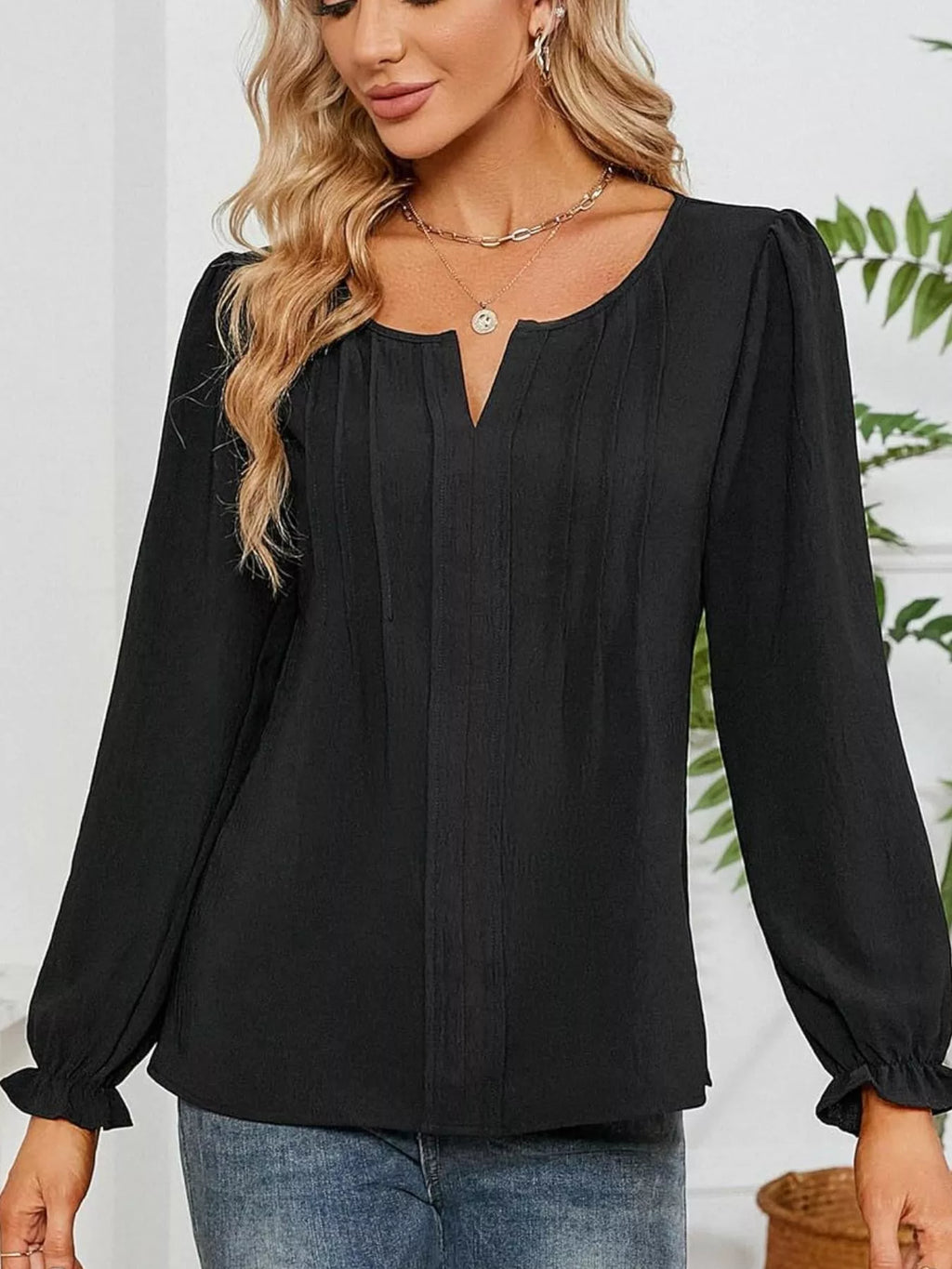 Notched Ruffle Cuff Blouse (13)